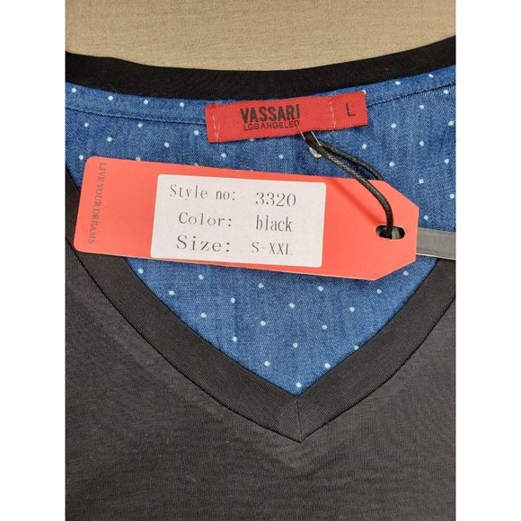 Vassari Los Angeles Black Faux Leather Patch VNeck Designer Short Sleeve Shirt - Picture 10 of 11